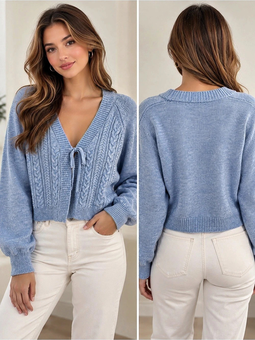 MELLOW YELLOW V-Neck Cable Knit Sweater in Blue Size Small